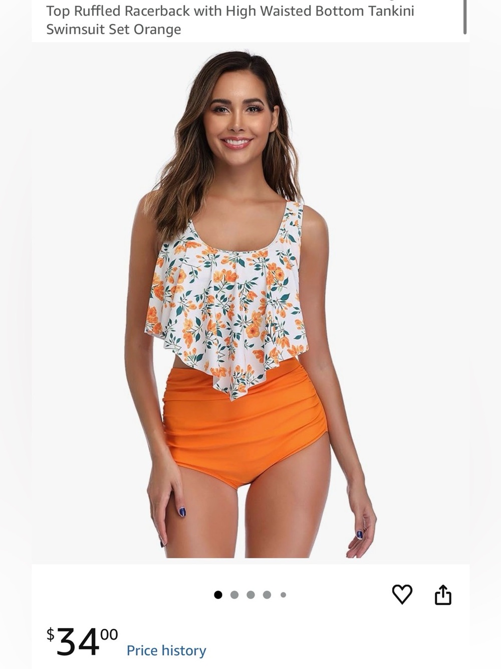 Floral Ruffle Tankini Top with Bright Orange High-Waist Bottoms